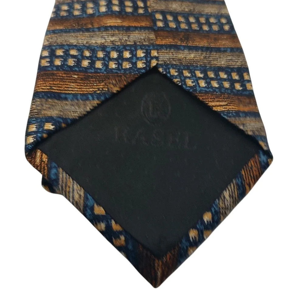 Rasel‎ Silk Tie Brown Blue Gold Geometric Pattern Mens Necktie Made In Turkey